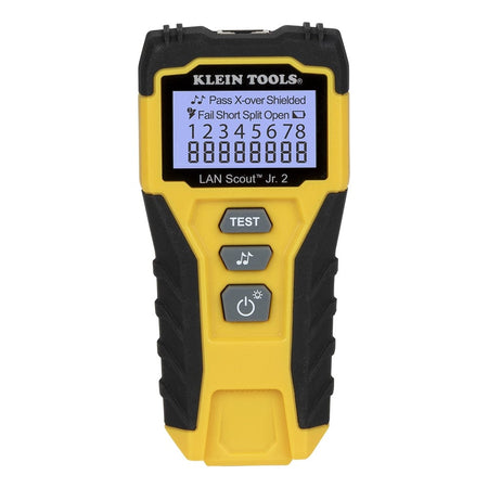 Front perspective view of the yellow and black Klein Tools LAN Scout Jr. 2 cable tester showcasing its backlit LCD with a clear pin-to-pin wiremap and Pass status indicator.