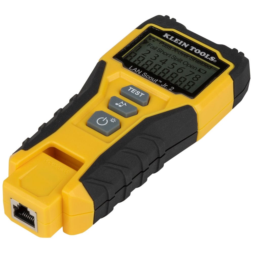 Angled profile view of the LAN Scout Jr. 2 tester highlighting the top-mounted RJ45 connection port and the yellow self-storing remote nested in the base.