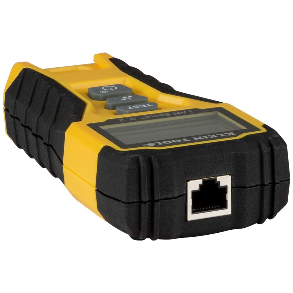 A high-angle view looking down at the top of the cable tester, focusing on the single RJ45 port and the rugged, slip-resistant black overmold.