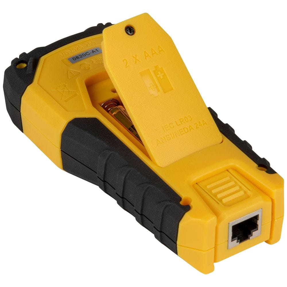 Rear perspective of the cable tester with the battery compartment door flipped open, showing the internal slot for two AAA batteries.