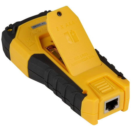 Rear perspective of the cable tester with the battery compartment door flipped open, showing the internal slot for two AAA batteries.