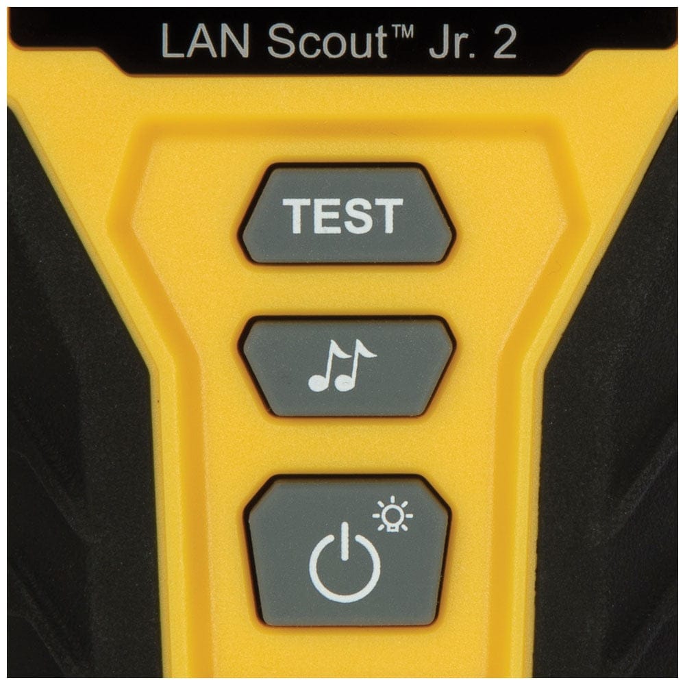 Close-up view of the device control panel featuring three grey tactical buttons for Test, Tone generator, and Power/Backlight functions.