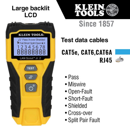 Informational marketing graphic detailing the tester's capability to identify Pass, Miswire, Open-Fault, Short-Fault, Shielded, Cross-over, and Split Pair Faults on CAT5e, CAT6, and CAT6A RJ45 cables.