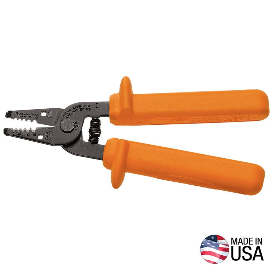 Klein Tools 11045INS insulated wire stripper with 1000V protective orange handles and spring-assisted jaws.