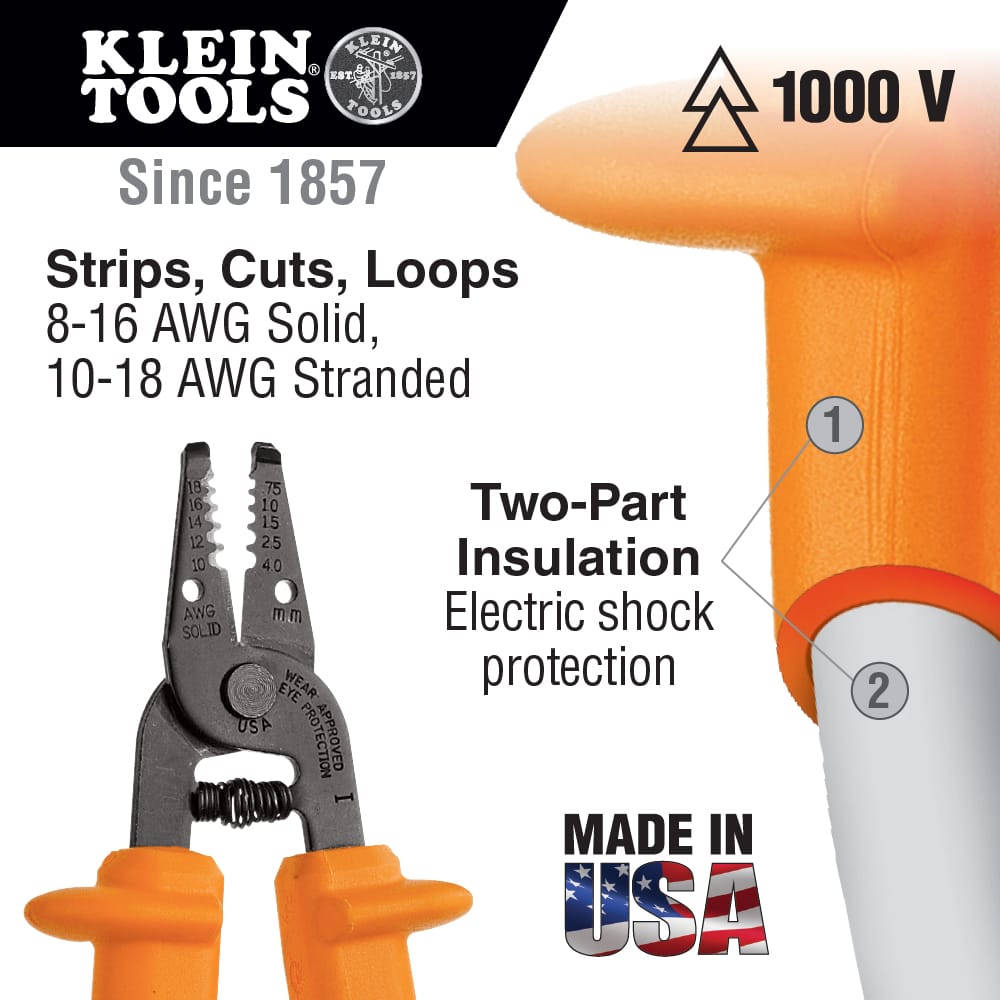 Klein Tools diagram detailing 1000V dual-layer insulation and 8-16 AWG solid wire stripping capabilities.