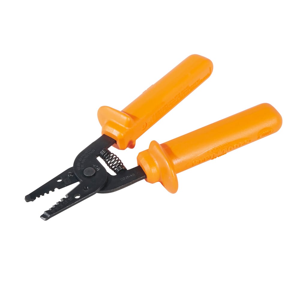 Angled view of Klein 11045INS wire stripper highlighting integrated looping holes and dielectric handle guards.