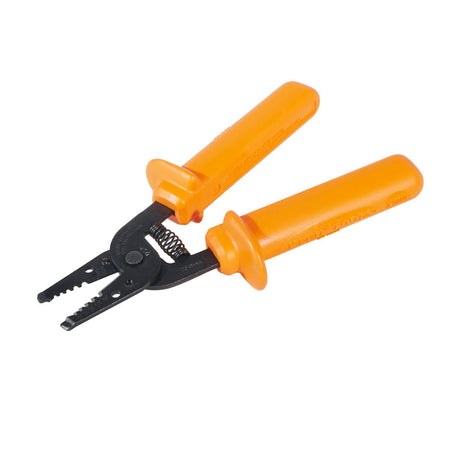 Angled view of Klein 11045INS wire stripper highlighting integrated looping holes and dielectric handle guards.