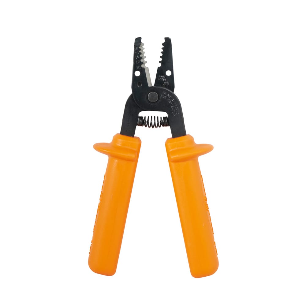 Front view of spring-loaded Klein Tools 11045INS wire stripper showing ergonomic slip-guard insulated grips.