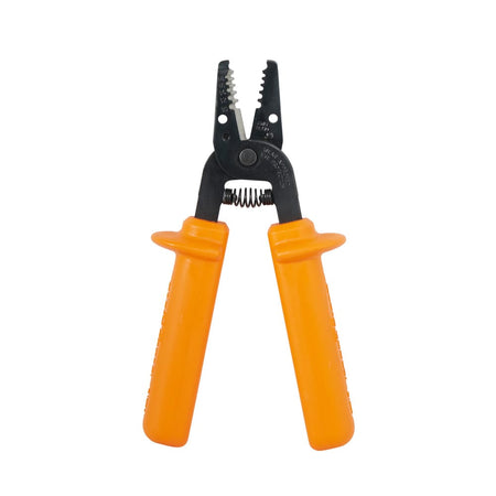 Front view of spring-loaded Klein Tools 11045INS wire stripper showing ergonomic slip-guard insulated grips.