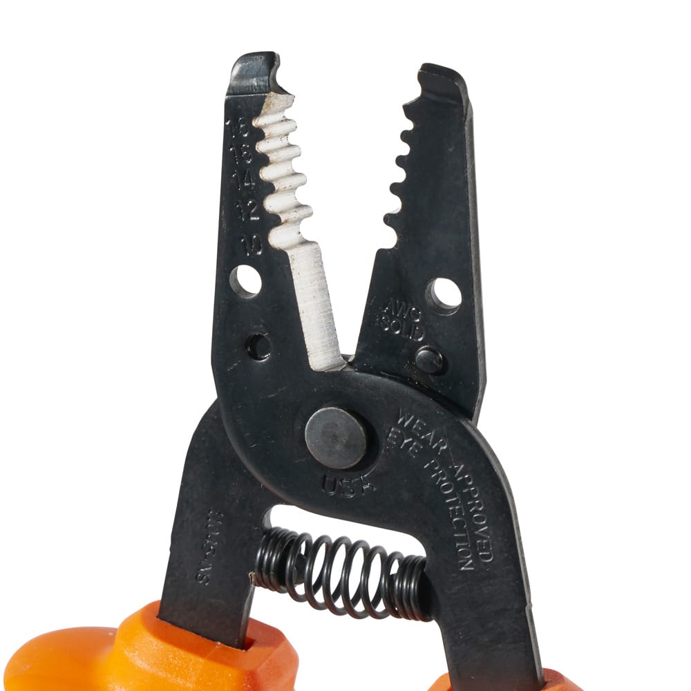 Close-up of Klein 11045INS precision-ground stripping notches and curved shear cutters for 10-18 AWG solid wire.