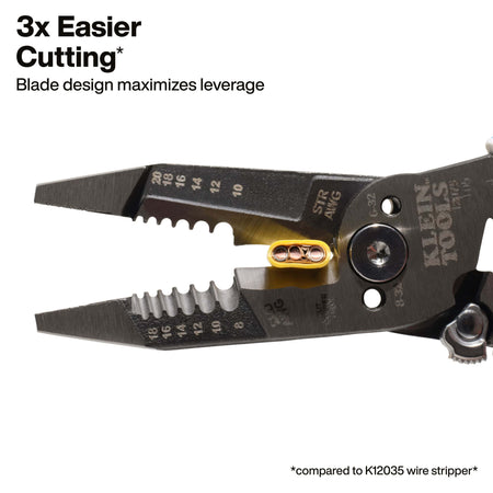 High-leverage cutting blades on Klein Tools wire stripper delivering 3x easier cuts compared to the K12035 model.