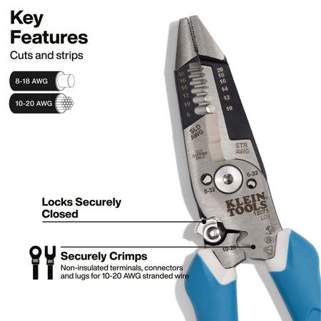 Diagram highlighting key features of Klein Tools 12075 stripper including wire stripping cavities, handle lock, and crimping die for 10-20 AWG wire.