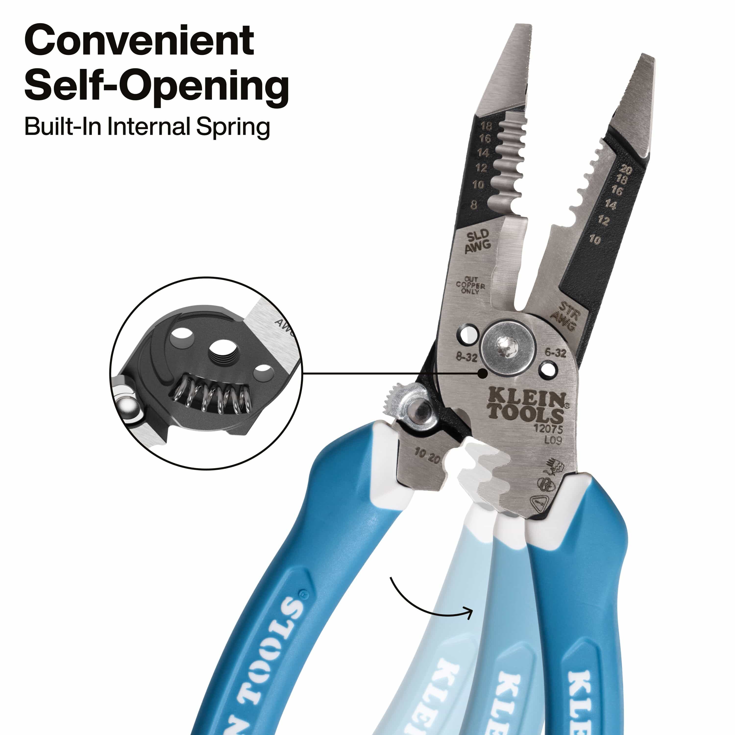 Internal coil spring mechanism providing automatic self-opening action to reduce hand fatigue during repetitive wire stripping.