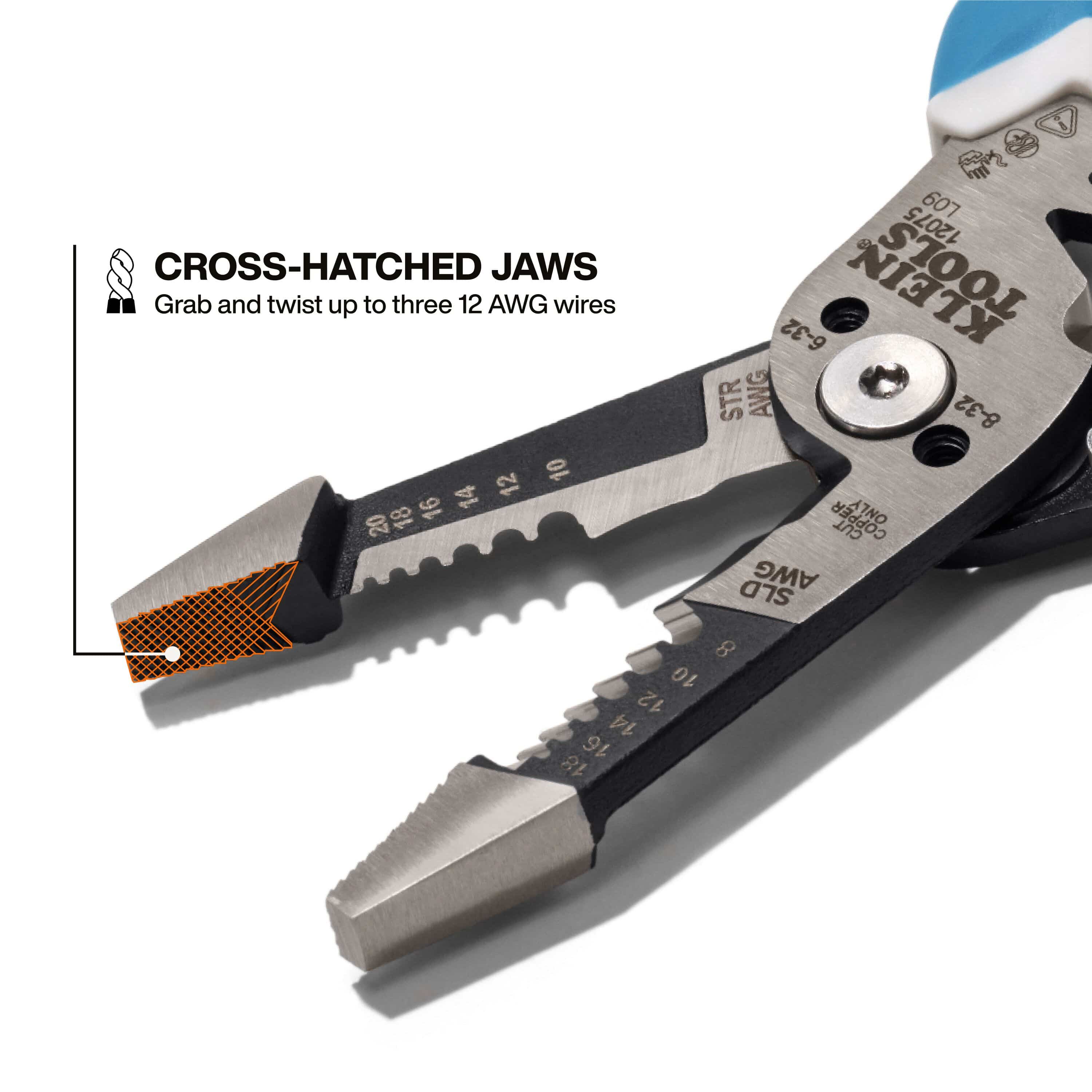 Knurled cross-hatched nose jaws on Klein wire stripper engineered to grip and twist up to three 12 AWG solid copper conductors.