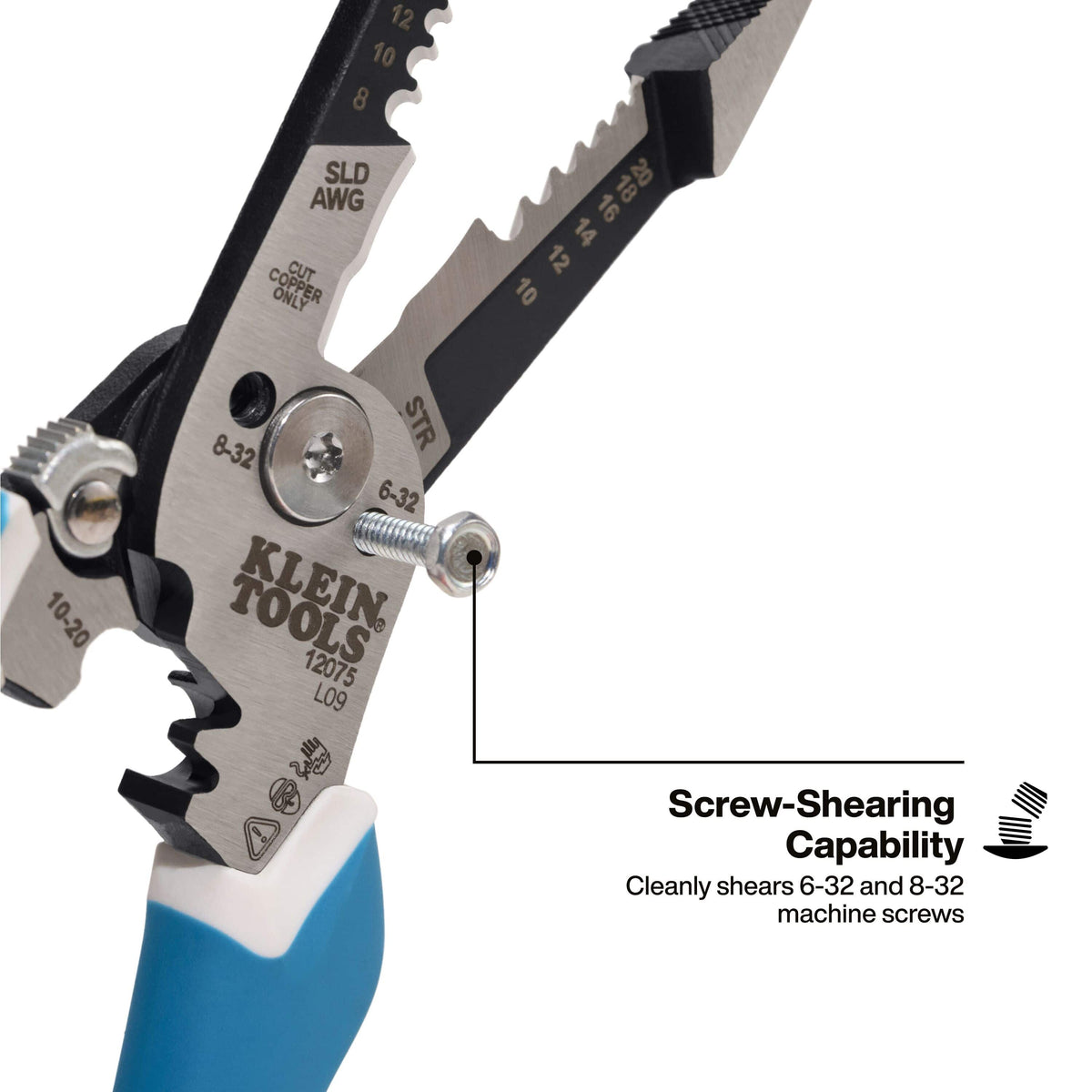 Integrated threaded screw shearing dies cutting 6-32 and 8-32 machine screws cleanly without thread burrs.