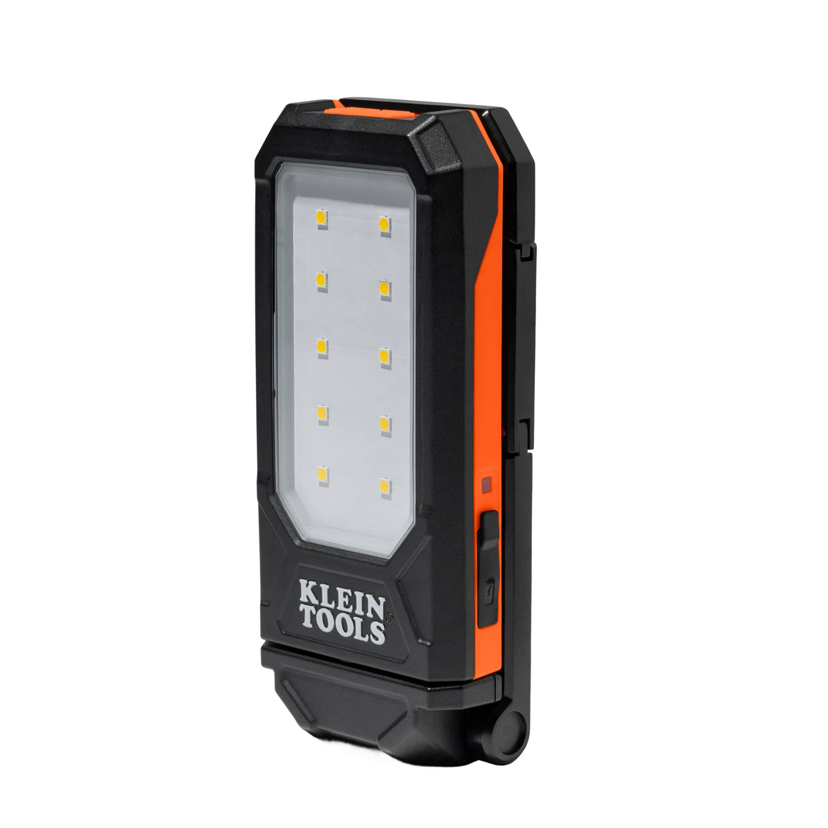 Klein Tools 56079 slim rechargeable work light featuring 10 LED chips and an orange accents casing for portable inspection lighting.