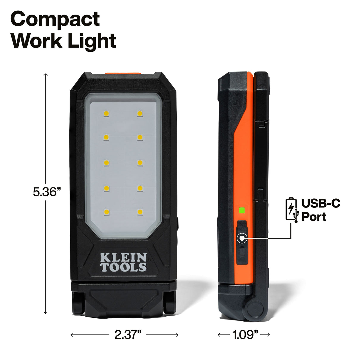Dimension diagram for Klein 56079 work light showing 5.36-inch height, 2.37-inch length, 1.09-inch thickness, and USB-C port location.