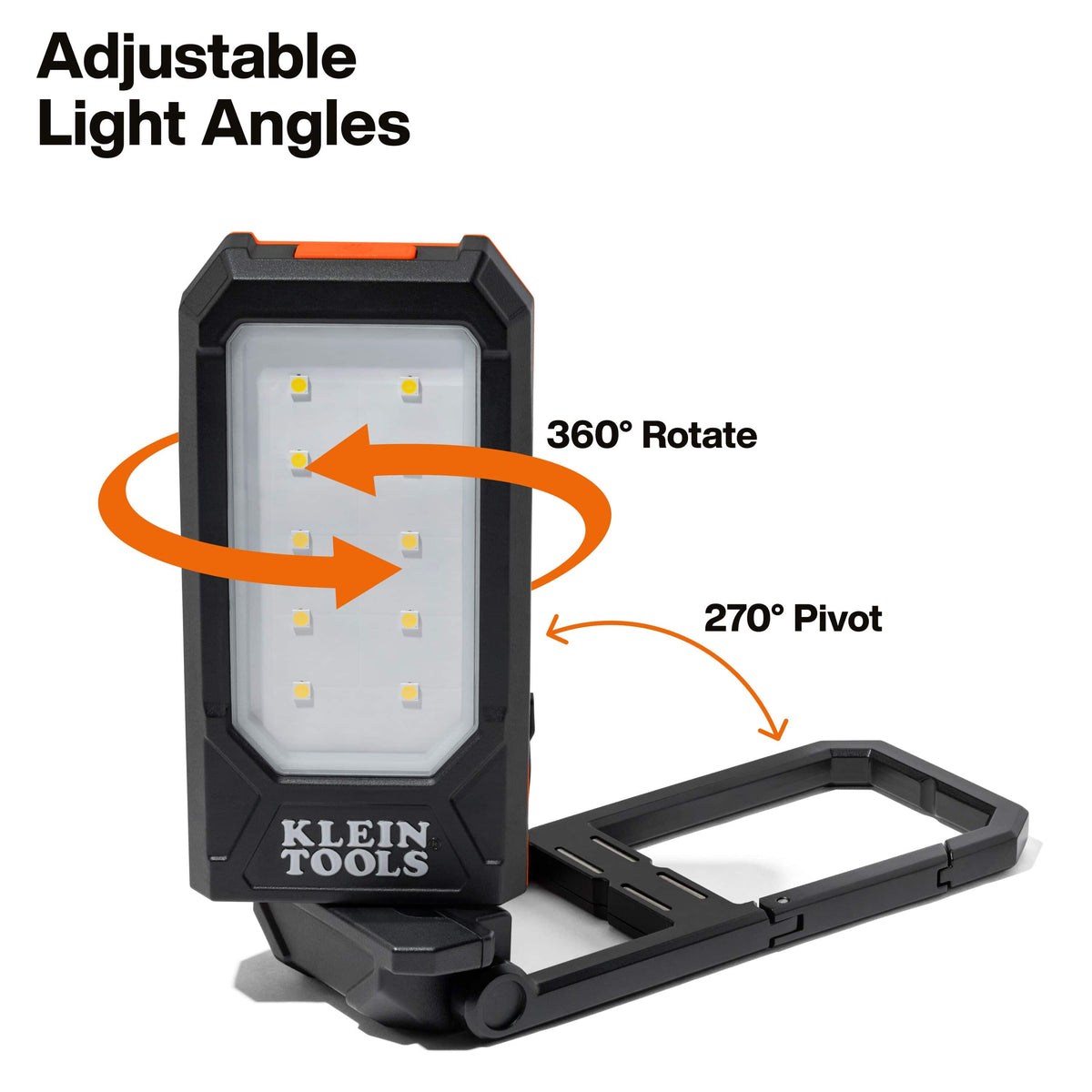 Adjustable angle diagram illustrating the 360-degree rotating LED main body and 270-degree pivoting kickstand base on Klein 56079 light.