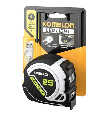 Retail blister pack packaging for the Komelon LED Light tape measure, displaying the tool, the included white USB charger cable, and key features like the powerful built-in light.
