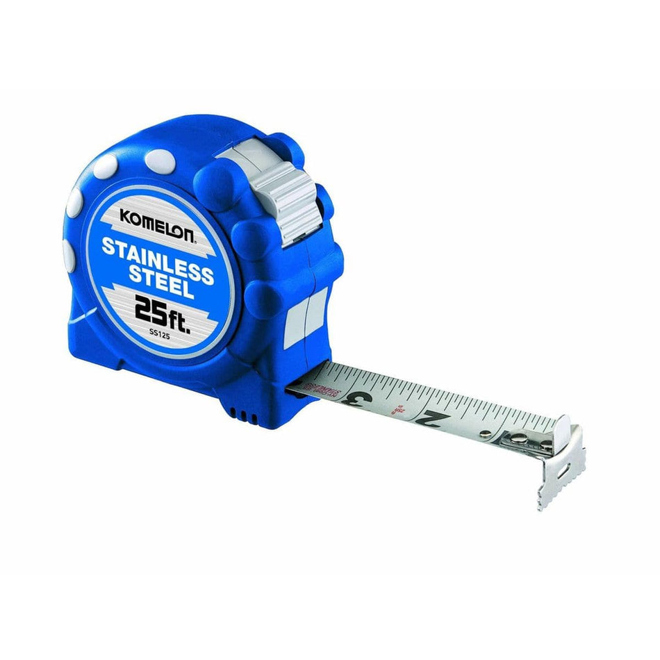 A three-quarter view of the Komelon 25 ft stainless steel tape measure in its blue rubberized case with the blade extended to the 3-inch mark.