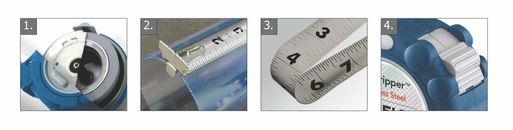 A four-panel graphic illustrating key features of the Komelon tape: stainless steel inner spring, dual-sided printing, large flared end hook gripping a curved surface, and the rubberized case lock button.