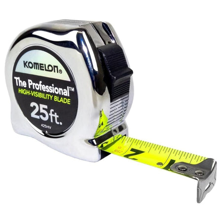 Studio view of the Komelon 425HV Professional tape measure featuring a polished chrome case and an extended neon yellow high-visibility blade with large black numbers.