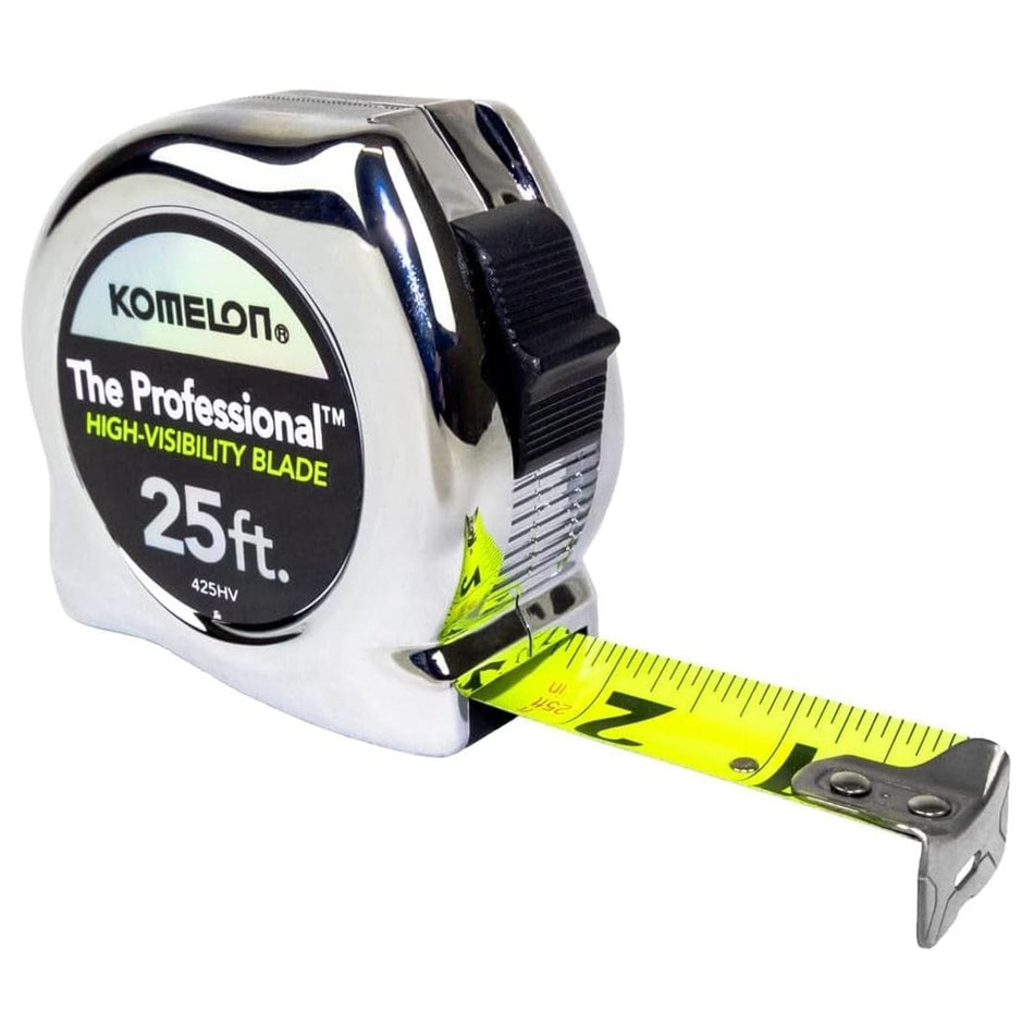 Studio view of the Komelon 425HV Professional tape measure featuring a polished chrome case and an extended neon yellow high-visibility blade with large black numbers.