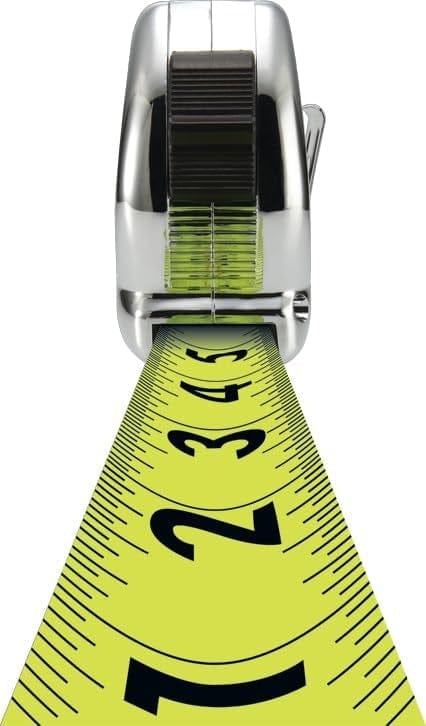 Front-facing perspective view looking down the extended blade of the tape measure, highlighting the high-visibility neon yellow color and the large, easy-to-read black graduation markings.
