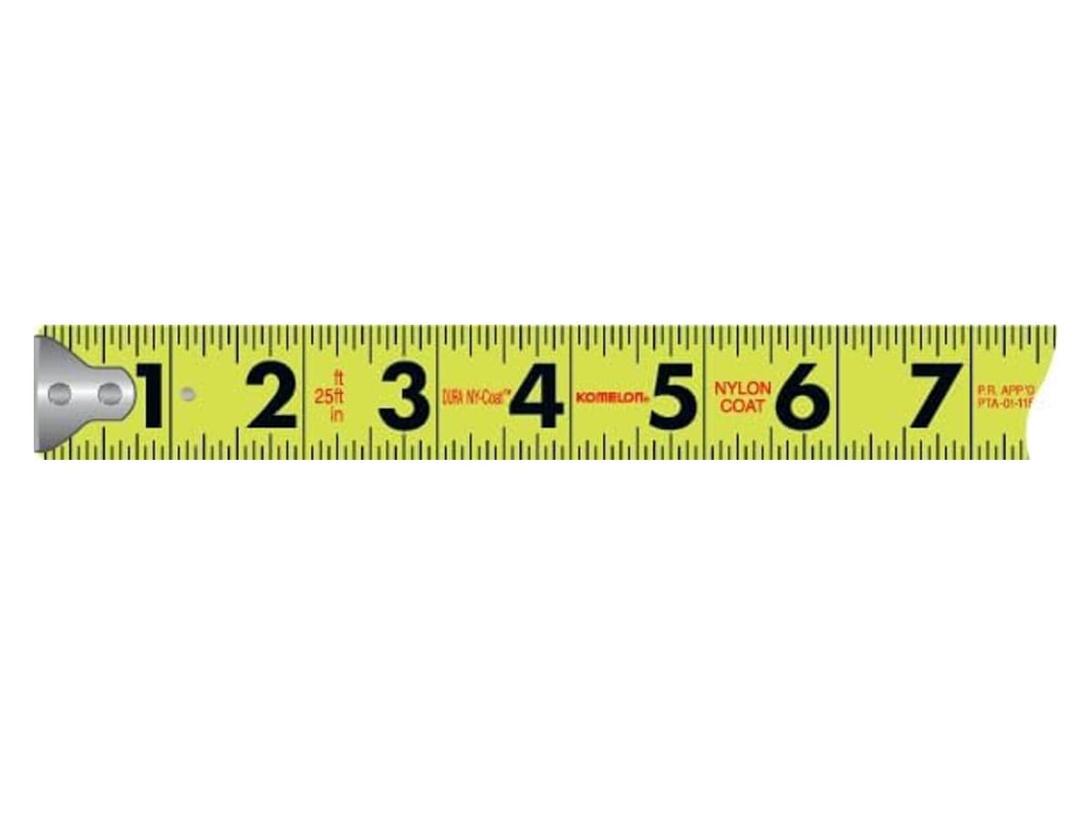 Graphic illustration of the tape measure blade strip showing the inch markings from 1 to 7 and highlighting the nylon coating and high-visibility yellow paint application.