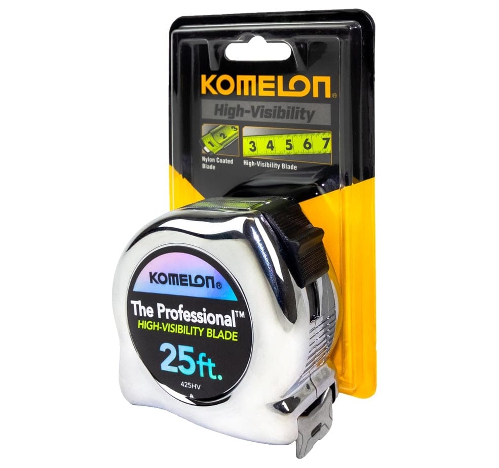 Retail packaging for the Komelon 425HV tape measure, featuring a yellow and black hanging card that displays the chrome tool and highlights the high-visibility blade features.