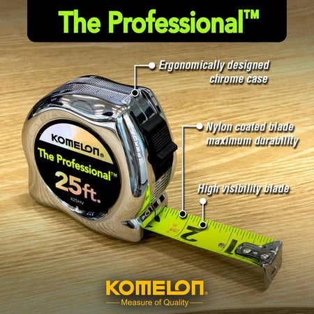 Infographic of the Komelon 425HV tape measure resting on wood, with text callouts identifying the ergonomically designed chrome case, nylon coated blade for durability, and high visibility paint.