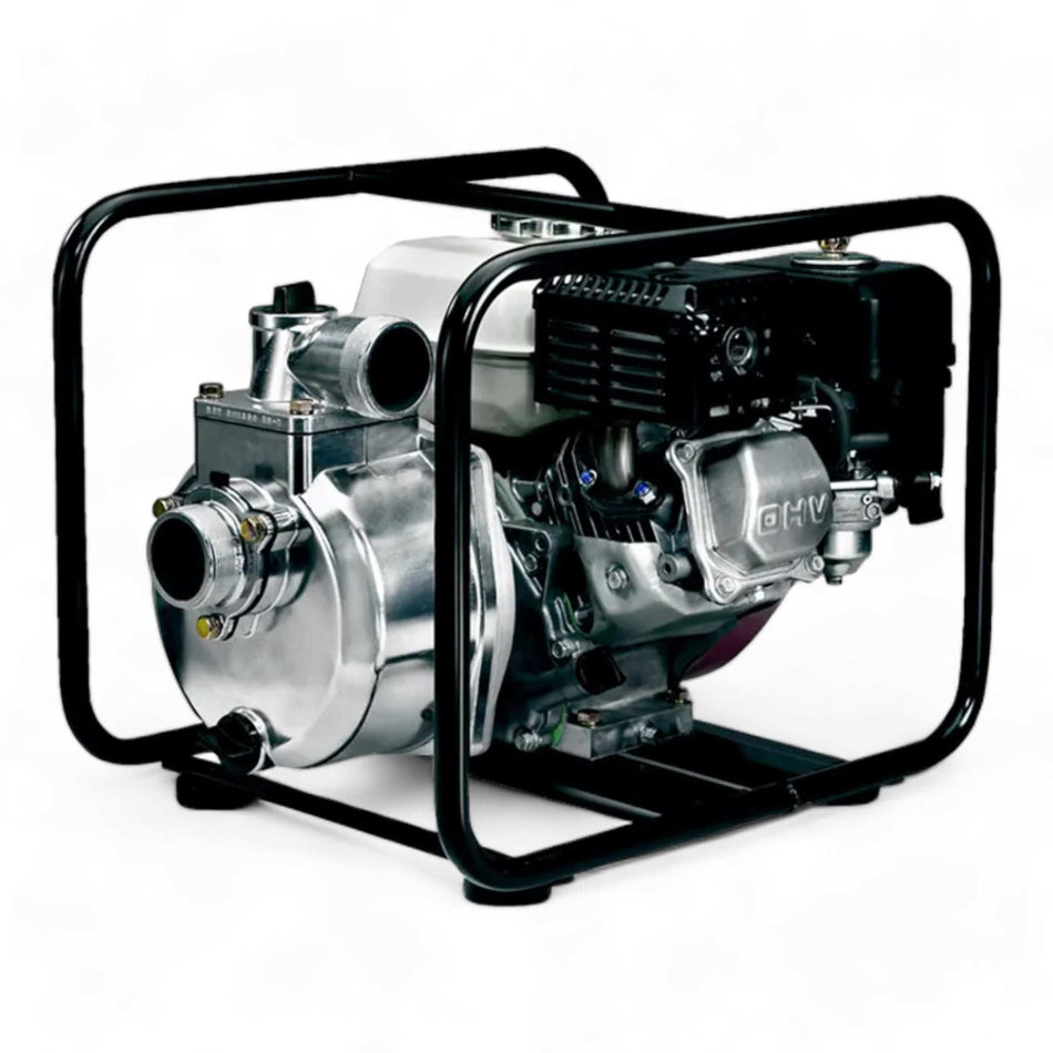 Portable Koshin SEH-50X centrifugal water pump housed in a protective metal roll cage. Features include a 4 HP gasoline engine with visible exhaust and intake components, and a die-cast aluminum pump housing with 2-inch inlet and outlet ports. Designed for construction, irrigation, and emergency water transfer applications.