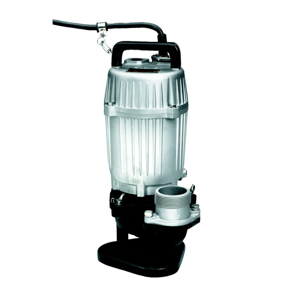 This image shows a silver and black submersible water pump, standing upright with a handle on top. A black electrical cord extends from the top of the pump, secured by a metal clamp.