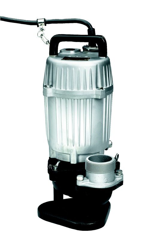 This image shows a silver and black submersible water pump, standing upright with a handle on top. A black electrical cord extends from the top of the pump, secured by a metal clamp.