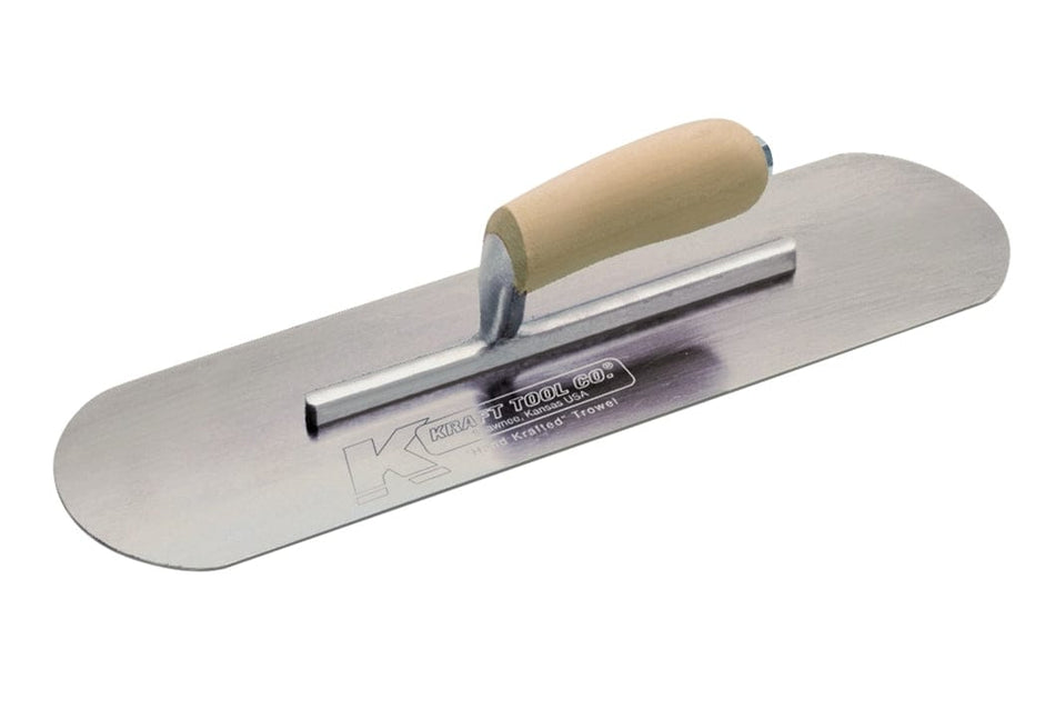 Studio view of the Kraft Tool carbon steel pool trowel featuring a 12 inch by 3-1/2 inch rounded blade, short aluminum shank, and a curved camel back wood handle.