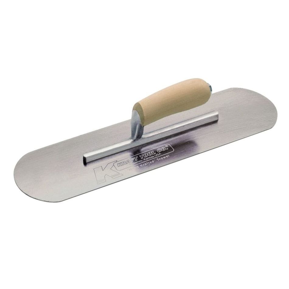 Studio view of the Kraft Tool carbon steel pool trowel featuring a 12 inch by 3-1/2 inch rounded blade, short aluminum shank, and a curved camel back wood handle.