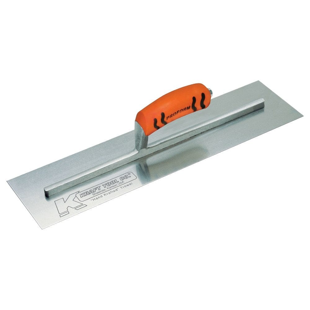 Studio view of the Kraft Tool carbon steel finish trowel featuring a 12 inch by 3 inch square blade and a bright orange ProForm soft grip handle.