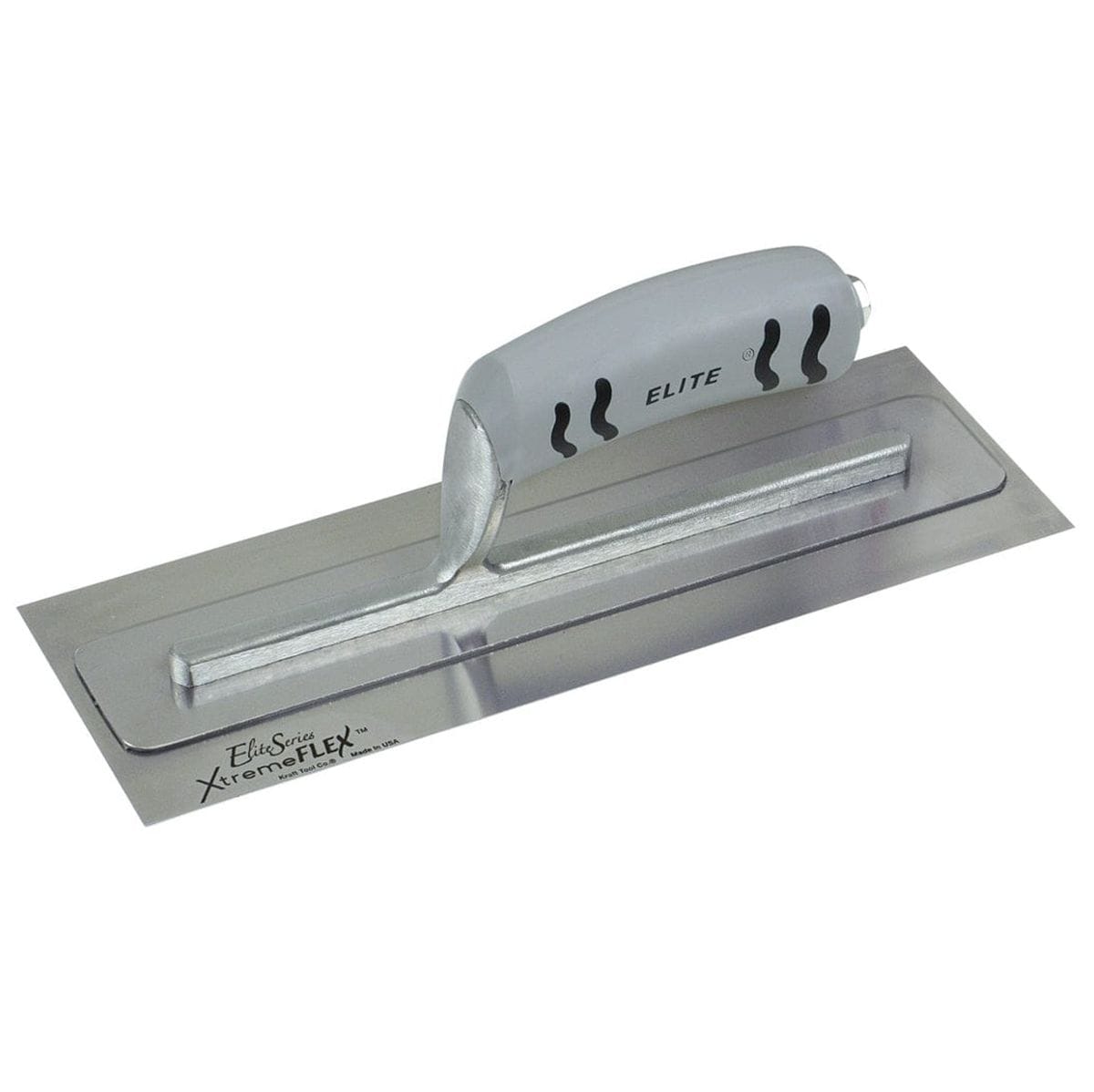 Studio view of the Kraft Tool Elite Series XtremeFLEX finishing trowel featuring a stainless steel blade with a top support plate and a grey ProForm soft grip handle.