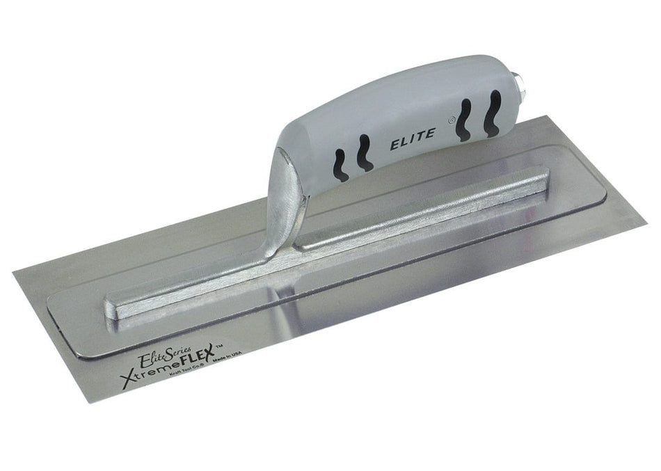 Studio view of the Kraft Tool Elite Series XtremeFLEX finishing trowel featuring a stainless steel blade with a top support plate and a grey ProForm soft grip handle.