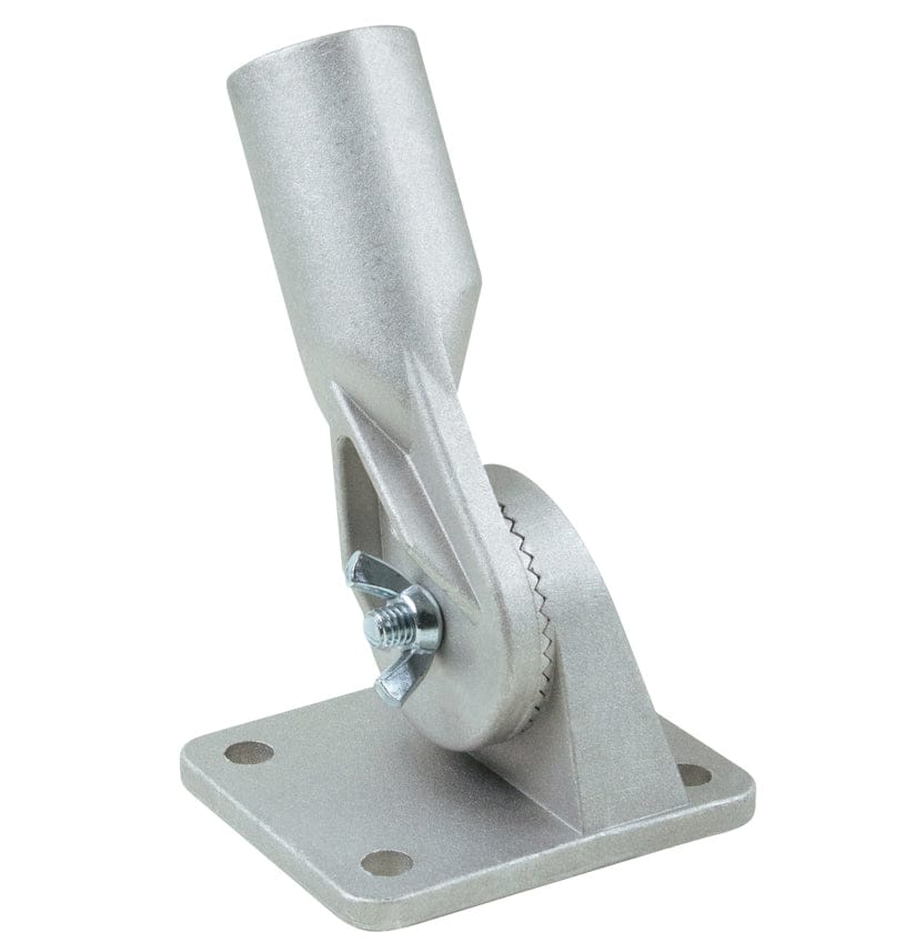 Studio view of the Kraft Tool cast aluminum adjustable bull float bracket featuring a four hole mounting base and a toothed tilting mechanism secured with a wing nut.