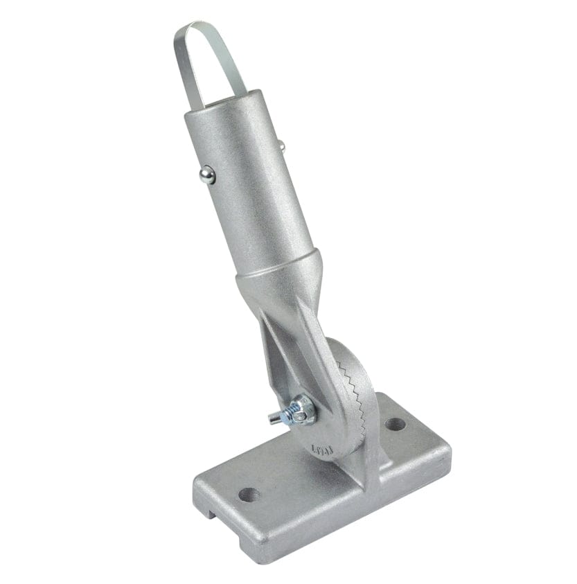 Angled studio view of the cast aluminum 2-hole button bracket assembly showing the adjustable toothed pivot joint and handle socket.