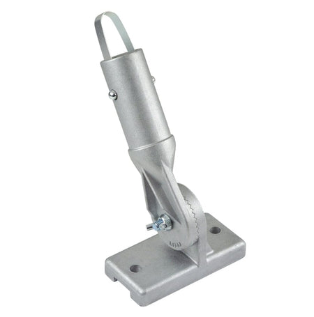 Angled studio view of the cast aluminum 2-hole button bracket assembly showing the adjustable toothed pivot joint and handle socket.