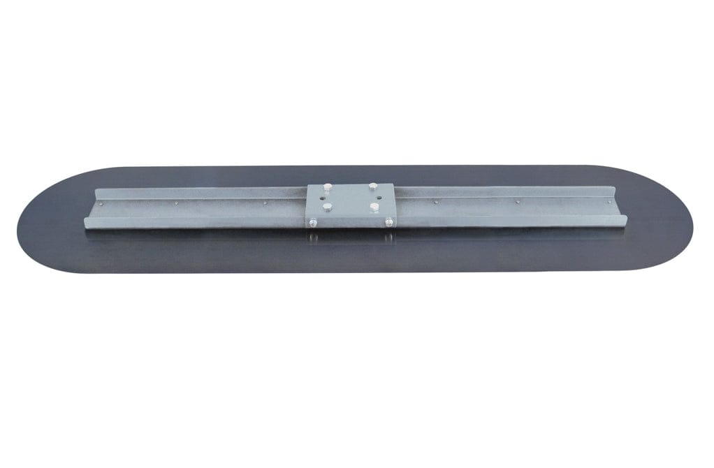 Overhead studio view of the 72 inch bull float blade displaying the dark blue steel surface, rounded ends, and the central aluminum mounting channel.