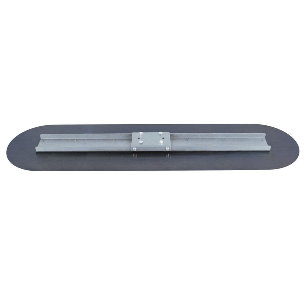 Overhead studio view of the 72 inch bull float blade displaying the dark blue steel surface, rounded ends, and the central aluminum mounting channel.