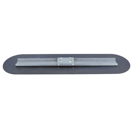 Overhead studio view of the 72 inch bull float blade displaying the dark blue steel surface, rounded ends, and the central aluminum mounting channel.