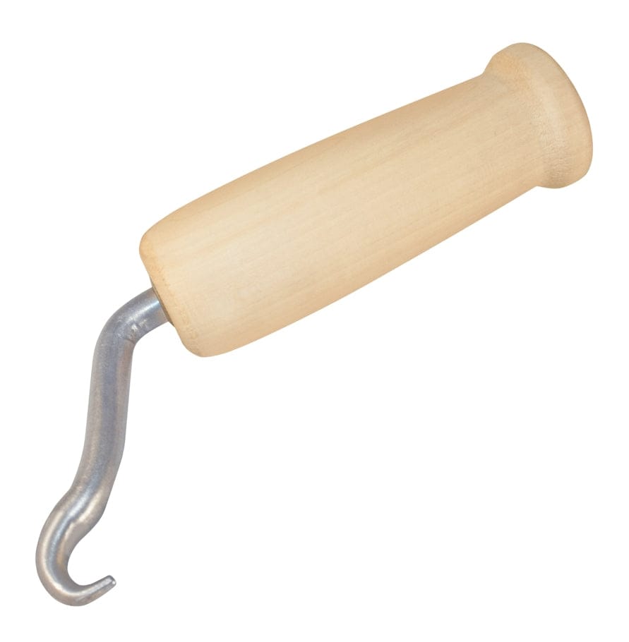 Angled studio view of the tie wire twister featuring a smooth contoured wood handle and a curved metal twisting hook.
