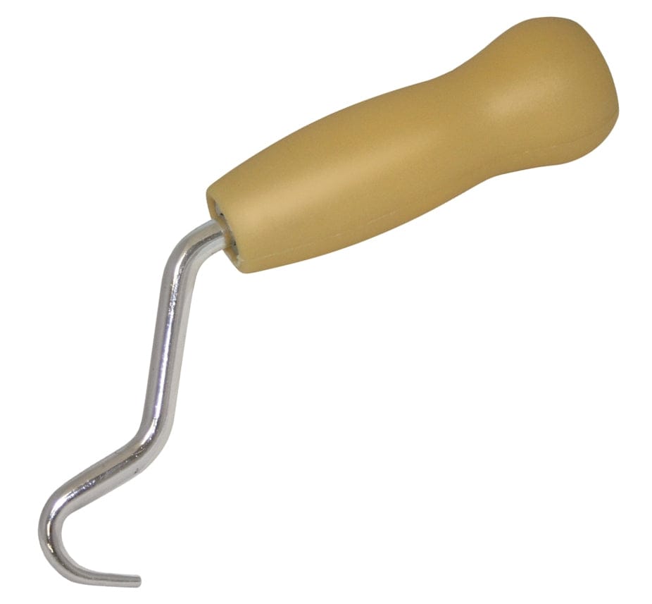 Studio view of the manual tie wire twister featuring a contoured beige plastic handle and a curved steel twisting hook.
