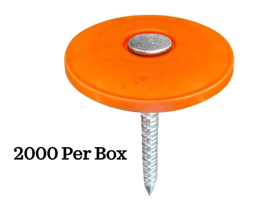 Close-up of a single Kratos 1 1/4 inch electrogalvanized ring shank roofing nail with an orange plastic cap, shown against a white background. The text "2000 Per Box" is visible to the left of the nail.