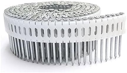 A long coil of Kratos 15-degree framing nails held together by a white plastic collation strip, ready for a pneumatic nail gun.