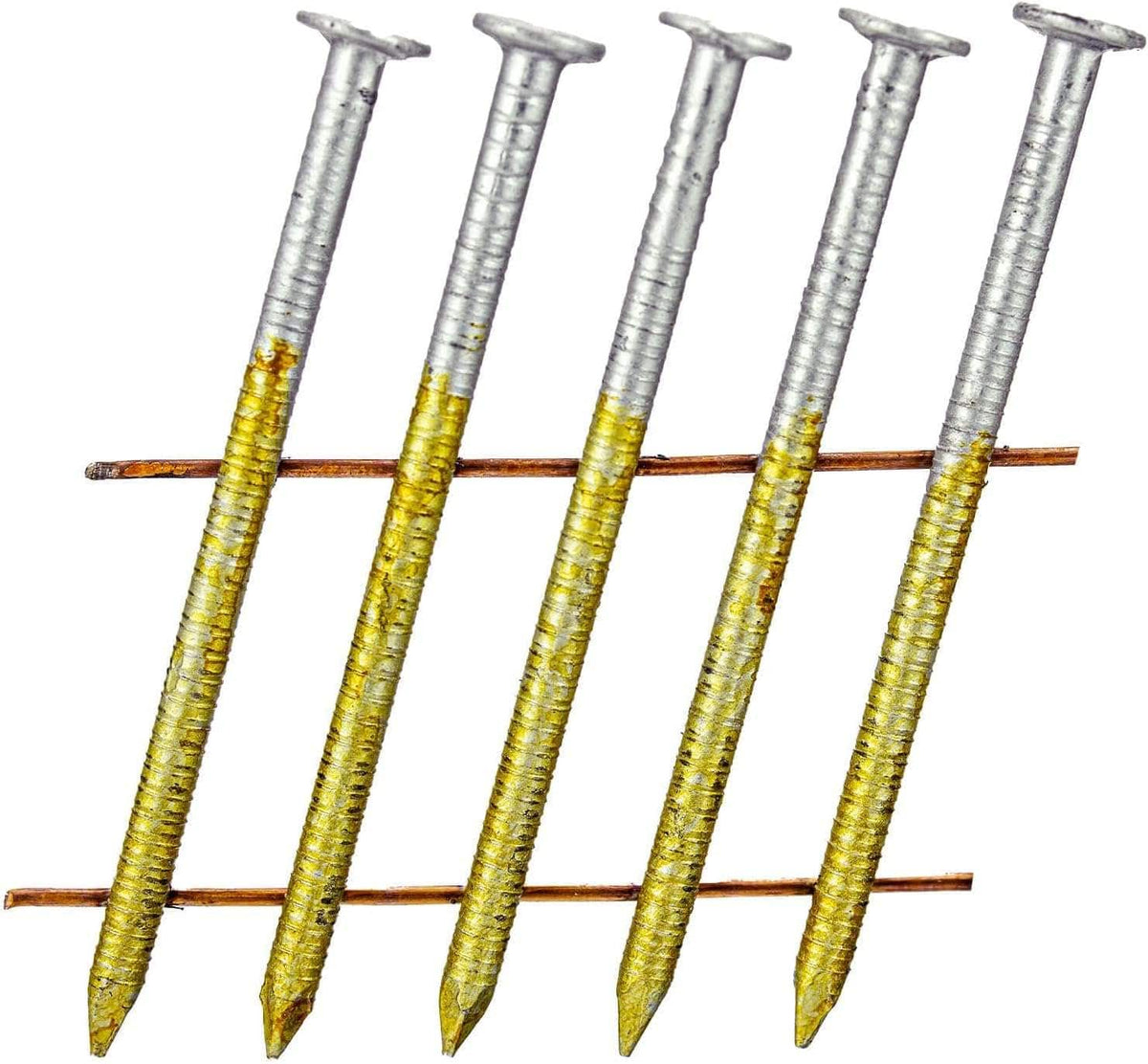 Five Kratos 15° wire weld coil nails arranged diagonally, featuring ring shank lower portions and yellow corrosion-resistant coating, connected by copper-colored wires for pneumatic nail gun use.